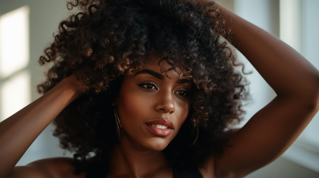 woman styling her natural curls