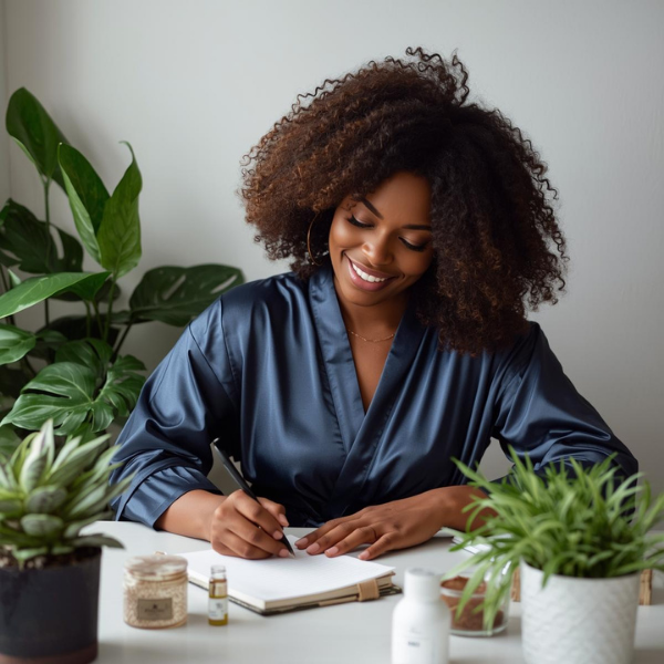 Woman with natural hair writing in a hair tracker journal.