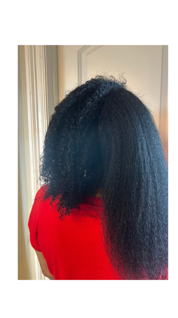 Woman with natural hair with a before and after photo with unstretched versus stretched hair.
