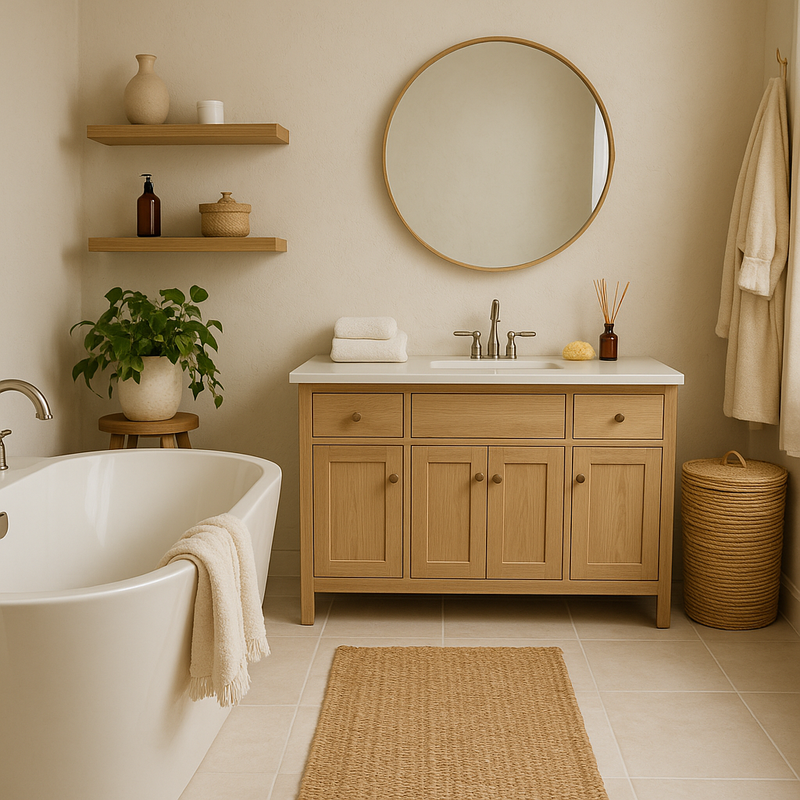 A warm minimalist bathroom with a freestanding tub, wooden vanity, soft neutral decor, and spa like self-care accents.