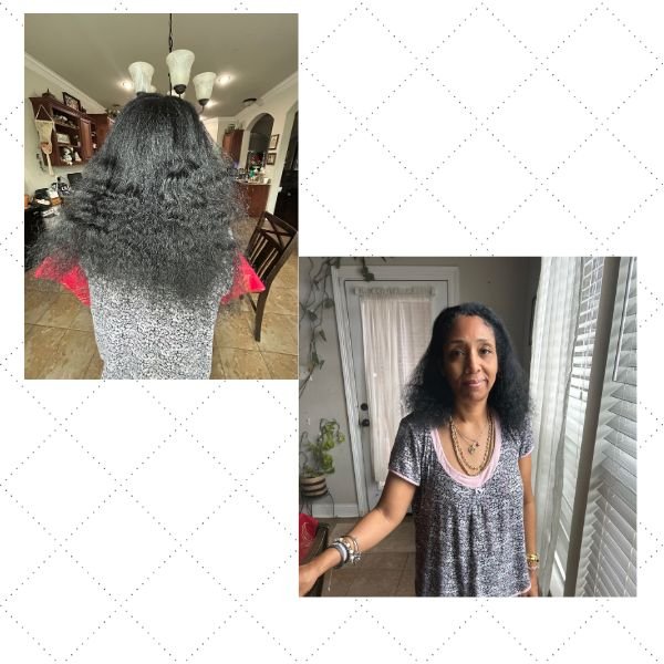 A woman with a front and back view of stretched natural hair