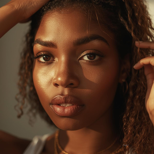 Pretty black woman with her hands in her hair.