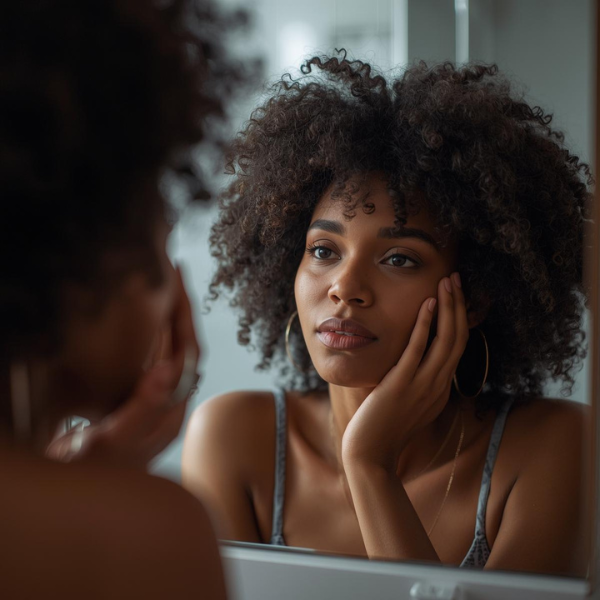 Pretty Black Woman ponders the health of her hair