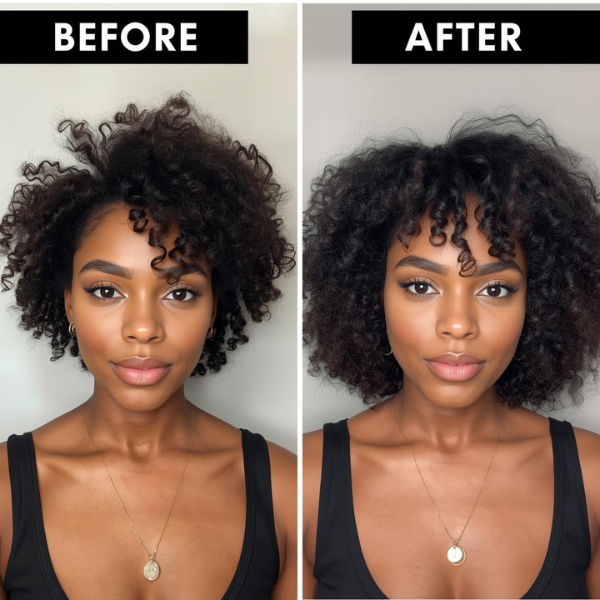 Pretty Black woman showing the difference that shrinkage makes in the appearance of hair length.